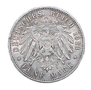 Wilhelm II Deutscher Kaiser Konig Von Preussen Bust of the king right 1913 Deutsches Reich 5 funf Mark authentic coin, back