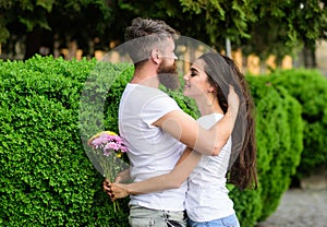 He will never let her go. Man fall in love with gorgeous girl. Man bearded hipster hugs woman. Strong romantic feelings