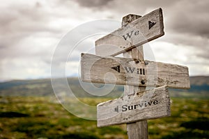 We will survive text engraved on old wooden signpost outdoors in nature photo