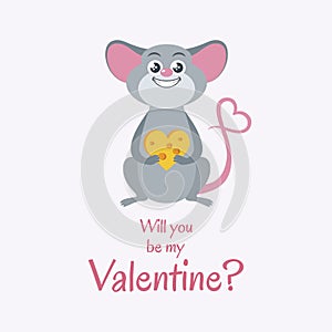 Will you be my Valentine greeting card with cute rat vector