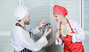 Will you eat my meal. Culinary family. Woman and bearded man cooking together. Cooking exclusive meal. Join gourmet