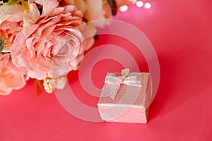 Will you marry me concept in pink. A small light pink box for greeting. Postcard