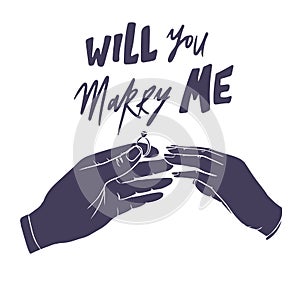 Will you marry me. Marriage proposal vector illustration with wedding ring and male and female hands.