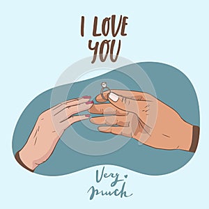 Will you marry me. Marriage proposal vector illustration with wedding ring and male and female hands. i love you very