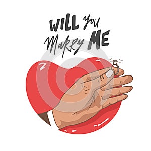 Will you marry me. Marriage proposal vector illustration with wedding ring and male hand. Man hand with engagement ring