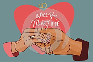 Will you marry me. Marriage proposal vector illustration with wedding ring and male hand. Vector illustration
