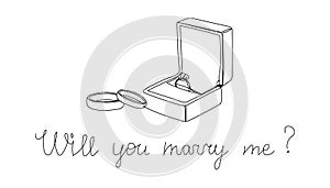 Will you marry me one line art. Continuous line drawing of box with an engagement ring and wedding rings, propose.