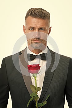 Will you marry me. valentine day greeting. handsome man black suit. man on love date. Black tie for private party
