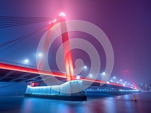 Willemsbrug, Rotterdam, Netherlands. View of the Willems bridge and the city center. Foggy weather. Panoramic view. Cityscape in t