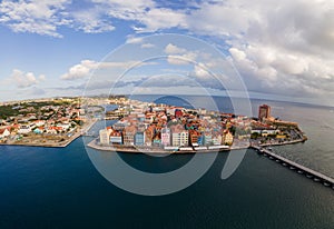 Willemstad, Curacao. Dutch Antilles. Colourful Buildings attracting tourists from all over the world. Blue sky sunny day