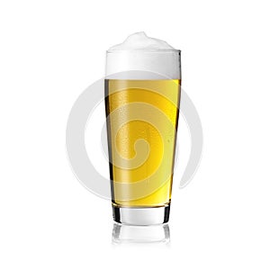 Willi cup beer glass pilsner golden with foam crown and drops of condensation dew altbier on white background