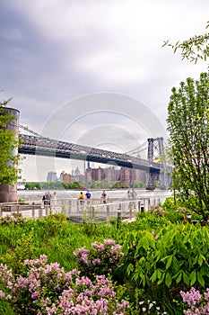 Williamsburg  bridge view from the Domino park sign in Williamsburg, New York