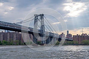 Williamsburg  bridge view from the Domino park sign in Williamsburg, New York