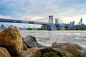 Williamsburg  bridge view from the Domino park sign in Williamsburg, New York