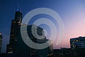 Willis Tower in Chicago at dusk looking southwest