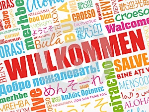 Willkommen (Welcome in German) word cloud in different languages, conceptual background