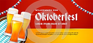 Willkommen Zum Oktoberfest festive banner poster design. Beer glass vector illustration with barrel background and bavaria flag