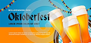 Willkommen Zum Oktoberfest festive banner poster design. Beer glass vector illustration with barrel background and bavaria germany