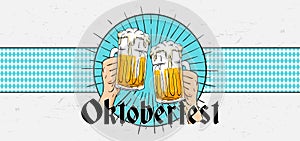 Willkommen Zum Oktoberfest poster banner template design. Two hand holding full glass of bear toasting vector illustration on