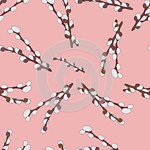 Willow seamless pattern on pink background. Spring, Easter, spring trees. Printing on textiles.Abstract background. Vector