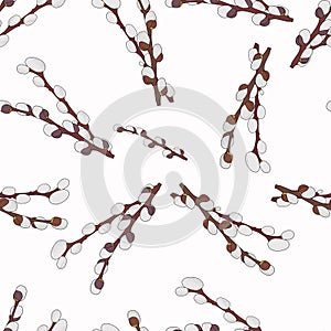 Willow seamless pattern on a white background. Spring, Easter, spring trees. Printing on textiles.Abstract background. Vector