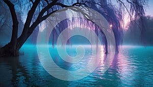 Enchanted Willow Tree at Sunrise over Calm Lake