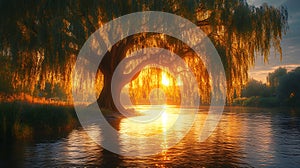 Willow tree by river at sunrise