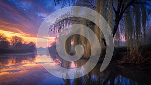 Serene Willow Tree at Sunrise Over Calm River, Misty Morning Landscape