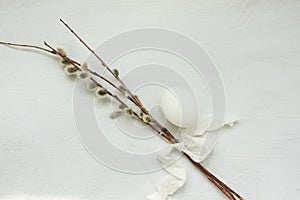 willow twigs and white egg on white cotton fabric, Easter concept, purity, minimalistic