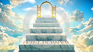 Willpower as stairs to reach out to the heavenly gate for reward, success and happiness. Step by step, Willpower elevate
