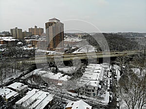 Wilmington, Delaware, U.S - January 13, 2019 - The aerial view of the street and building in the city after a snowstorm