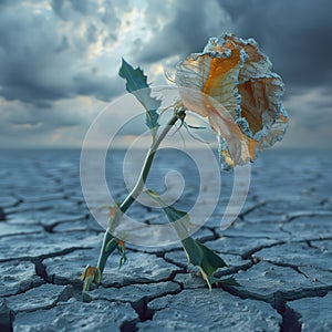 A wilted flower stands in stark contrast against the cracks of a barren desert, a poignant symbol of the struggle with erectile