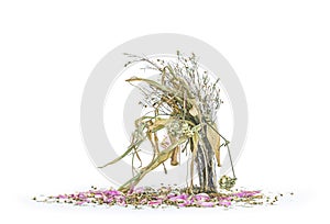 Wilted flowers bouquet in a clear glass vase ,Vintage filtered