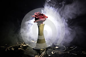 A wilting rose signifies lost love, divorce, or a bad relationship, dead rose on dark background with smoke