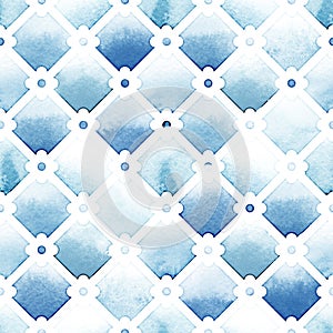 Wilton trellis lattice with quatrefoil of blue colors on white background. Watercolor seamless pattern