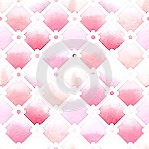 Wilton trellis pattern with quatrefoil of pink colors on white background. Watercolor seamless pattern