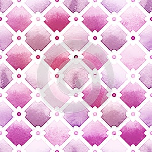 Wilton trellis pattern with quatrefoil of purple colors on white background. Watercolor seamless pattern photo