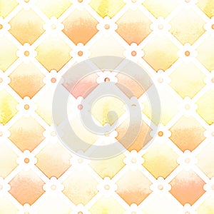 Wilton trellis pattern with quatrefoil of yellow colors on white background. Watercolor seamless pattern photo