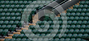 Rows of empty green spectators` chairs at Wimbledon All England Lawn Tennis Club.