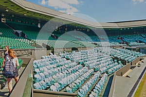 Wimbledon tennis stadium. Tennis center court with empty seats in London, England