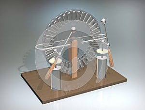 Wimshurst machine with two Leyden jars. 3D illustration of electrostatic generator. Physics. Science classrooms experiment.