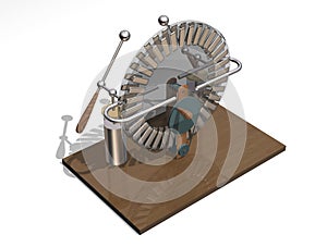 Wimshurst machine with two Leyden jars. 3D illustration of electrostatic generator. Physics. Science classrooms experiment.