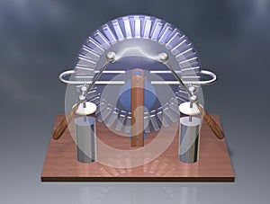 Wimshurst machine with two Leyden jars. 3D illustration of electrostatic generator. Physics. Science classrooms experiment.