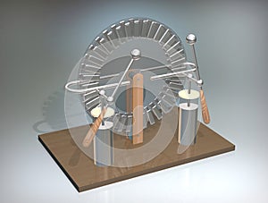 Wimshurst machine with two Leyden jars. 3D illustration of electrostatic generator. Physics. Science classrooms experiment. photo