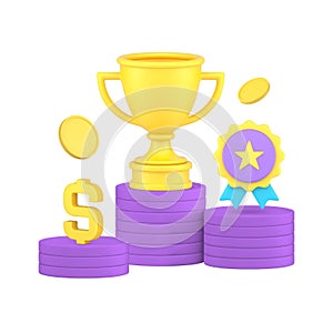 Win award first second third place podium pedestal cup trophy reward ceremony 3d icon vector