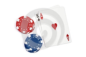 Win blackjack playing cards and casino poker chips isolated