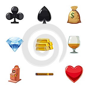 Win in the casino icons set, cartoon style