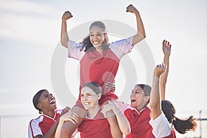 Win, celebrate and excited women soccer team happy about winning a football match or goal. Success, achievement and