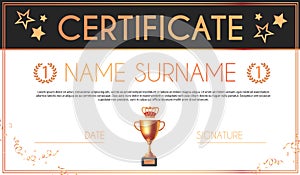 Win certificate design template. Diploma design with champion cup and crown. Award, competition and win design