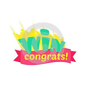 Win Congratulations Sticker Design With Green Letters And Red Ribbon Template For Video Game Winning Finale